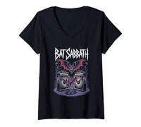 Womens Sinister Purple Bats Flying Over Amplifiers Rock Music V-Neck T-Shirt