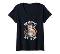 Womens Sip Happens Pet The Cat Retro Coffee V-Neck T-Shirt