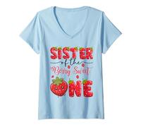 Womens Sister of The Berry Sweet One Strawberry First Birthday V-Neck T-Shirt