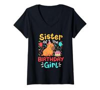 Womens Sister Of The Birthday Girl Capybara Family Bday Matching V-Neck T-Shirt