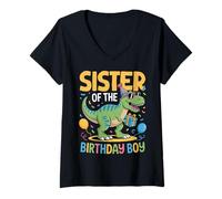 Womens Sister of The Birthday Party Outfit Dinosaur Squad Sister V-Neck T-Shirt