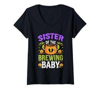 Womens Sister of The Brewing Baby Halloween Pregnancy Baby Shower V-Neck T-Shirt