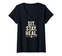 Womens Sit. Stay. Heal. Vintage Pet Therapy Style. V-Neck T-Shirt