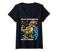 Women's Six Seven I Play with Bricks 67 T-rex V-Neck T-Shirt