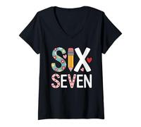 Women's Six Seven Pencil Hearts Daisy Letters Back to School V-Neck T-Shirt