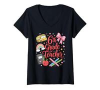 Women's Sixth 6th Grade Teacher Back to School 100th Day Last Day V-Neck T-Shirt