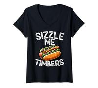 Womens Sizzle Me Timbers Funny Hot Dog BBQ Pirate Food Pun V-Neck T-Shirt
