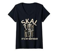 Womens Skal Its My Birthday Skeleton Viking Humor Cheers V-Neck T-Shirt