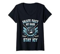 Womens Skate Fast Hit Hard Stay Icy Angry Hockey Puck Art V-Neck T-Shirt