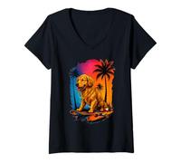 Womens Skateboard Dog Golden Retriever Summer Palm Trees Dog Owners V-Neck T-Shirt