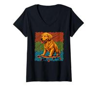 Womens Skateboard Dog Golden Retriever Summer Palm Trees Dog Owners V-Neck T-Shirt