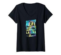 Women's Skateboard Life Laguna Beach California Retro Sunset Skater V-Neck T-Shirt