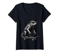 Womens Skateboarder Iguana with Sunglasses Animal Skater Graphic V-Neck T-Shirt