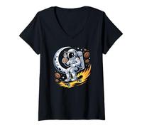 Womens Skateboarding Astronaut Coffee Urban Space Streetwear V-Neck T-Shirt