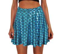 Women's Skater Skirt Mermaids Fish Scale High Waist Pleated Flared Mini Skirt Flowy Stretchy Short Skirts for Rave Party
