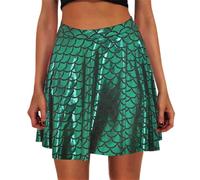 Women's Skater Skirt Mermaids Fish Scale High Waist Pleated Flared Mini Skirt Flowy Stretchy Short Skirts for Rave Party