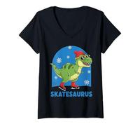 Womens Skatesaurus Ice Skating Dinosaur Kids Funny Winter Sports V-Neck T-Shirt