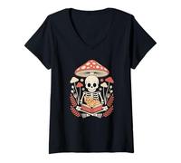 Women's Skeleton and Orange Cat Resting Under A Forest Toadstool V-Neck T-Shirt
