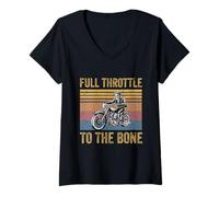 Womens Skeleton Biker Motorcycle Dad Full Throttle To The Bone V-Neck T-Shirt