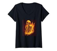 Womens Skeleton Burns in Flames and Fire for Bones Lovers V-Neck T-Shirt