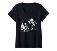 Womens Skeleton Chasing A Boston Terrier Funny Halloween Dog Lover V-Neck T-Shirt