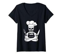 Womens Skeleton Chef Lazy Halloween Costume Cool Skull Cook V-Neck T-Shirt