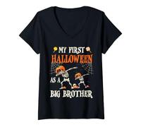 Women's Skeleton Dabbin Together My First Halloween As A Big Brother V-Neck T-Shirt