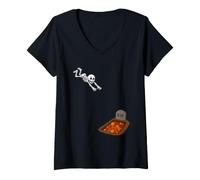 Women's Skeleton Diving Into a Fall Leaves Grave Halloween Humor V-Neck T-Shirt