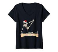 Womens Skeleton Doing Reformer Pilates Machine Pumpkin Christmas V-Neck T-Shirt
