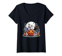 Womens Skeleton Drinking Bourbon On Carved Pumpkins Halloween V-Neck T-Shirt