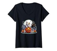 Womens Skeleton Drinking Whiskey On Carved Pumpkins Halloween V-Neck T-Shirt