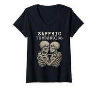 Womens Skeleton Femme Lesbian Subtle WLW LGBTQ Sapphic Tendencies V-Neck T-Shirt