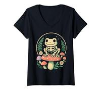 Women's Skeleton Frog on Colorful Mushrooms Cute Art V-Neck T-Shirt