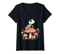 Women's Skeleton Frog on Colorful Mushrooms Cute Art V-Neck T-Shirt