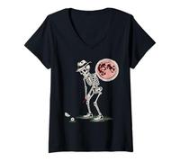 Womens Skeleton Golfer Golf Player Funny Men Dad Golf Halloween V-Neck T-Shirt