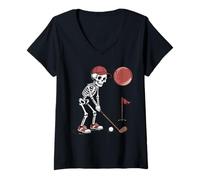 Womens Skeleton Golfer Golf Player Funny Men Dad Golf Halloween V-Neck T-Shirt
