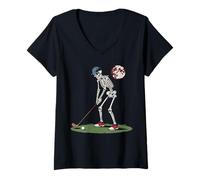 Womens Skeleton Golfer Golf Player Funny Men Dad Golf Halloween V-Neck T-Shirt