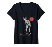 Womens Skeleton Golfer Golf Player Funny Men Dad Golf Halloween V-Neck T-Shirt
