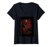 Women's Skeleton Guitarist Dark Grunge Punk Rock V-Neck T-Shirt