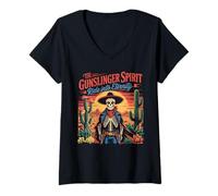 Womens Skeleton Gunslinger Honor The American West V-Neck T-Shirt