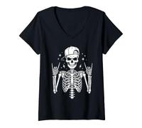 Women's Skeleton Halloween Costume Pumpkin Ghost Rock Music Horror V-Neck T-Shirt