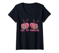 Womens Skeleton Hand Boobs Save The Pumpkin Breast Cancer Halloween V-Neck T-Shirt