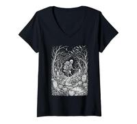 Women's Skeleton Hiker Halloween Graveyard Trekking V-Neck T-Shirt