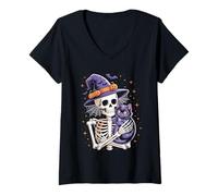 Womens Skeleton Hugging Cat Funny Halloween Cats V-Neck T-Shirt