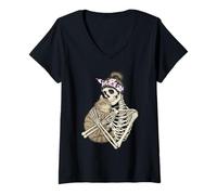 Womens Skeleton Hugging Cat Halloween Skull Mom Messy Bun Mama V-Neck T-Shirt