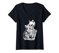 Womens Skeleton Hugging Cat Lover Funny Halloween Skull V-Neck T-Shirt