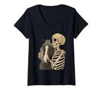 Womens Skeleton Hugging Horse Halloween Horse Lover Horse Mom Dad V-Neck T-Shirt