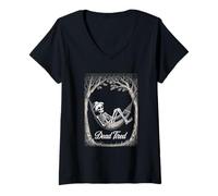 Womens Skeleton in a hammock with a text “Dead Tired” Cottagecore V-Neck T-Shirt