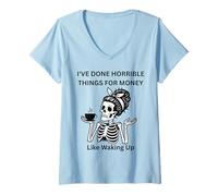 Women's Skeleton Lady Coffee I've Done Horrible Things for Money V-Neck T-Shirt