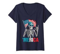 Womens Skeleton Merica Rock American Flag Patriotic 4th Of July V-Neck T-Shirt